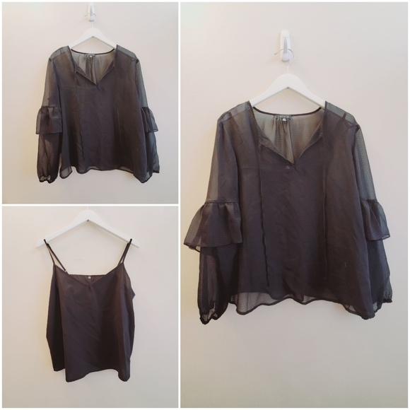 1 state Tops - 1 State, 2 in 1 shiffon top, black, comes with tank top, Large